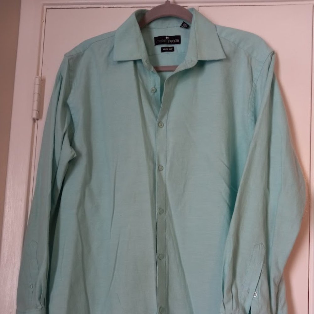 Men's Modern People Slim Fit Size L (16-16.5, 34/35), Teal Green, Long-sleeved